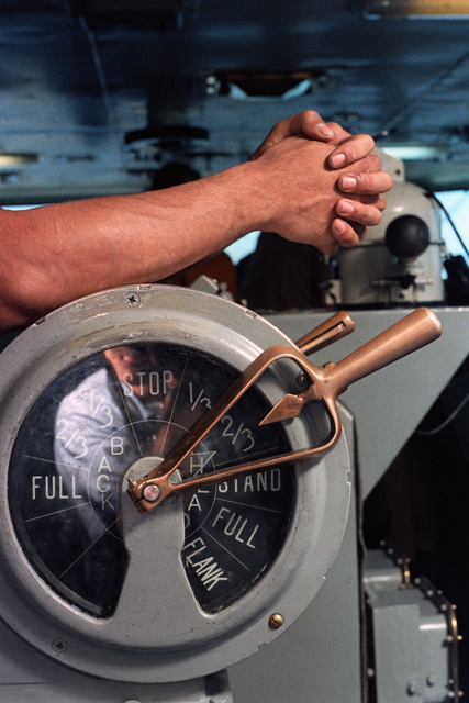 Engine room on the bridge of US Navy Aircraft Carrier USS Dwight D. Eisenhower