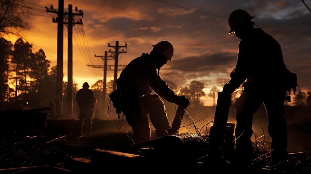 Linemen working on utility lines during a storm
